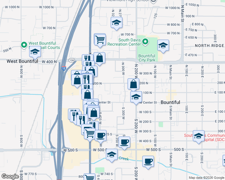 map of restaurants, bars, coffee shops, grocery stores, and more near 64 Tierra Vista Court in Bountiful