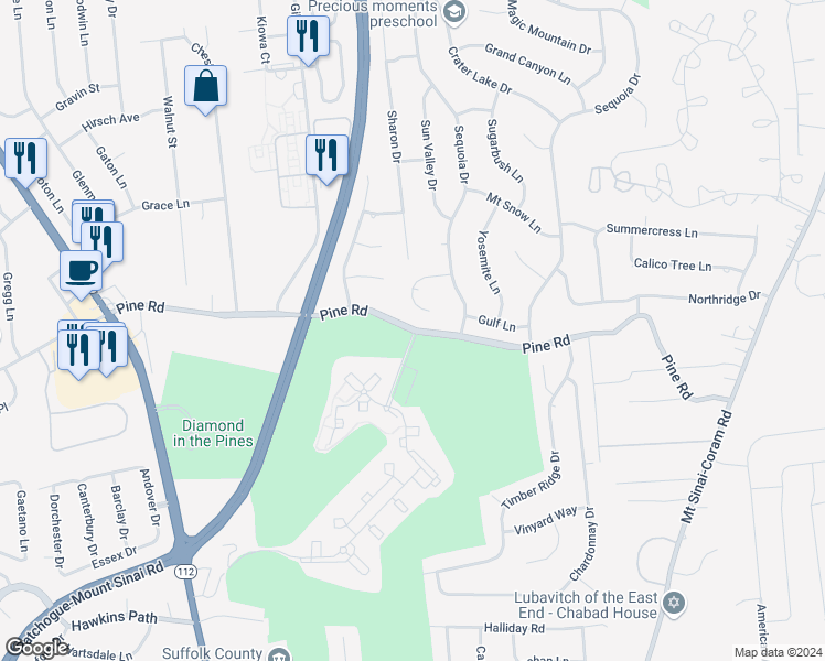 map of restaurants, bars, coffee shops, grocery stores, and more near 176 Pine Road in Coram