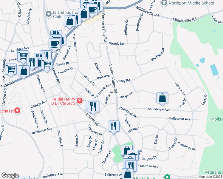 map of restaurants, bars, coffee shops, grocery stores, and more near 5 Pauline Place in East Northport