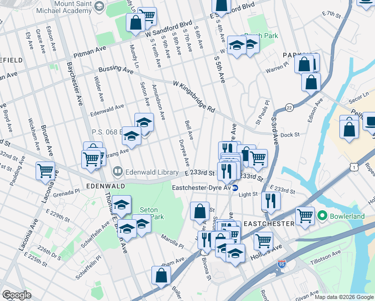 map of restaurants, bars, coffee shops, grocery stores, and more near 3919 Pratt Avenue in Bronx