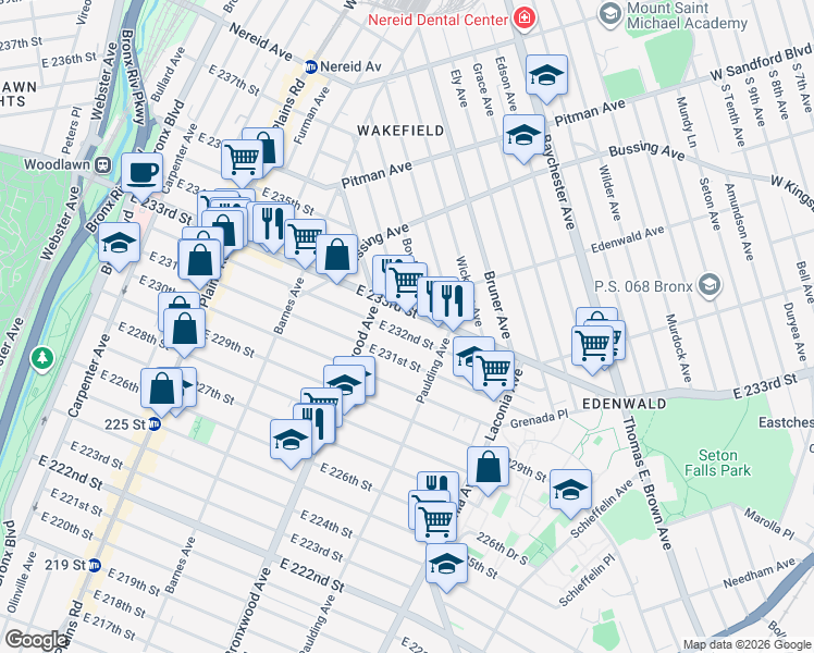 map of restaurants, bars, coffee shops, grocery stores, and more near 929 East 231st Street in The Bronx