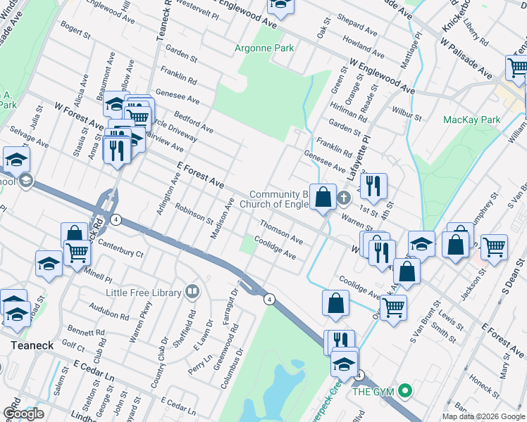 map of restaurants, bars, coffee shops, grocery stores, and more near 306 Thomson Avenue in Englewood