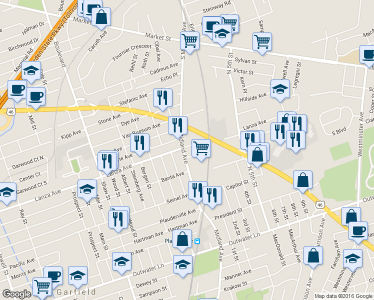 map of restaurants, bars, coffee shops, grocery stores, and more near 186 Midland Avenue in Garfield