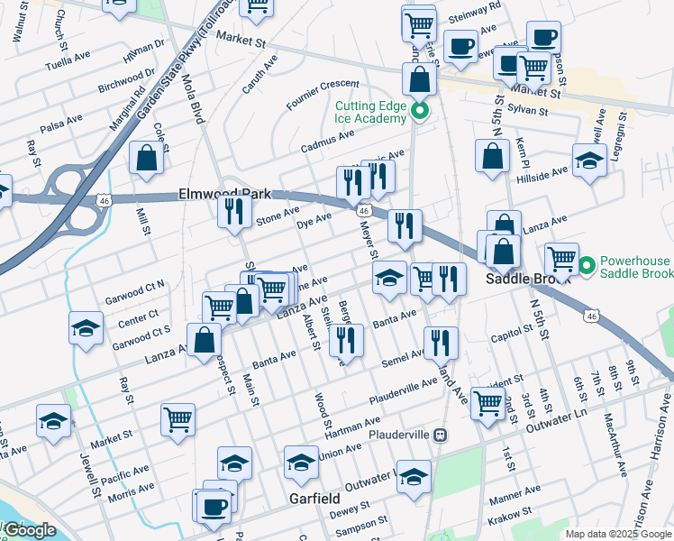 map of restaurants, bars, coffee shops, grocery stores, and more near 439 Lanza Avenue in Garfield