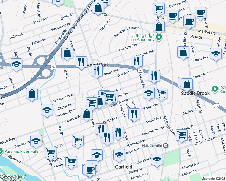 map of restaurants, bars, coffee shops, grocery stores, and more near 377 Madeline Avenue in Garfield