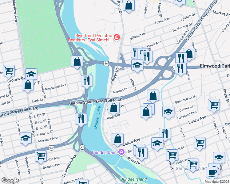 map of restaurants, bars, coffee shops, grocery stores, and more near 8 Fredericks Court in Elmwood Park