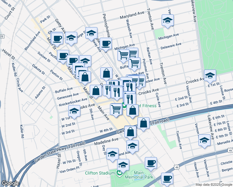 map of restaurants, bars, coffee shops, grocery stores, and more near 471 Crooks Avenue in Clifton