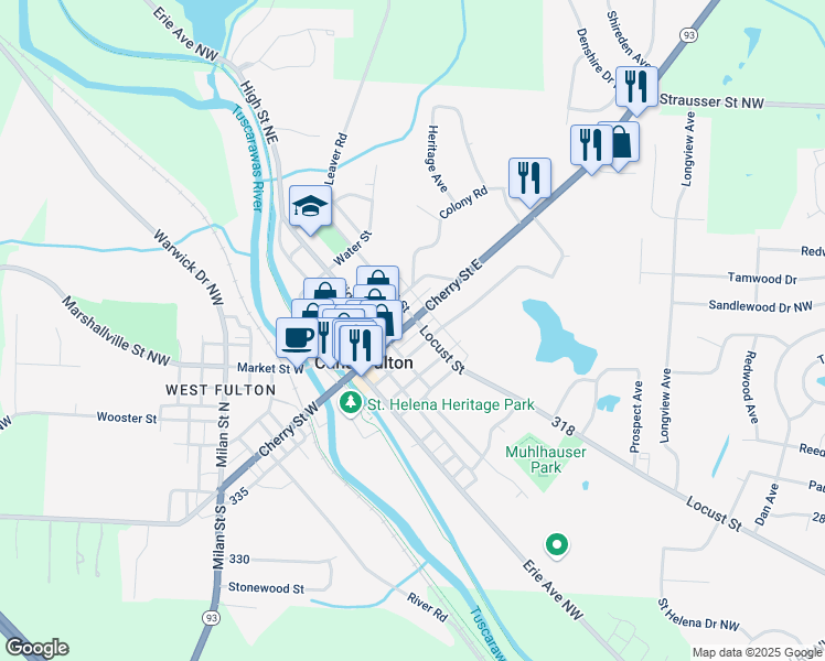 map of restaurants, bars, coffee shops, grocery stores, and more near 208 High Street Southeast in Canal Fulton
