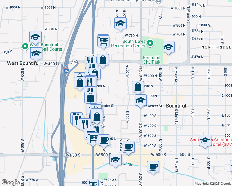 map of restaurants, bars, coffee shops, grocery stores, and more near 314 West Center Street in Bountiful