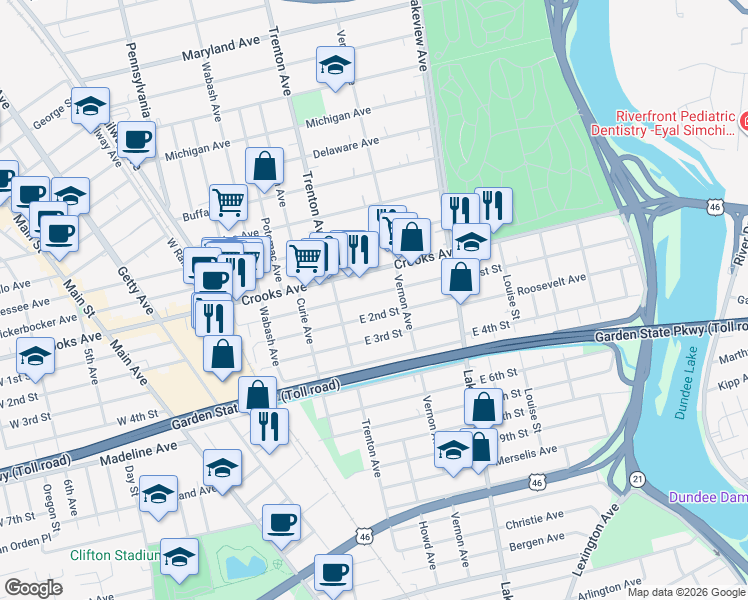 map of restaurants, bars, coffee shops, grocery stores, and more near 91 East 2nd Street in Clifton