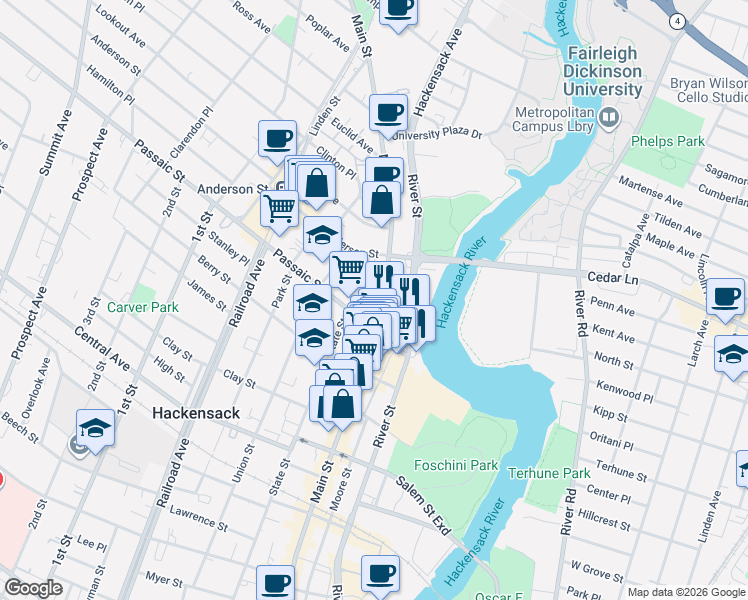 map of restaurants, bars, coffee shops, grocery stores, and more near 389 Main Street in Hackensack