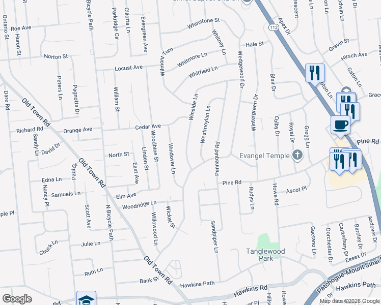 map of restaurants, bars, coffee shops, grocery stores, and more near 40 Wedgewood Drive in Coram