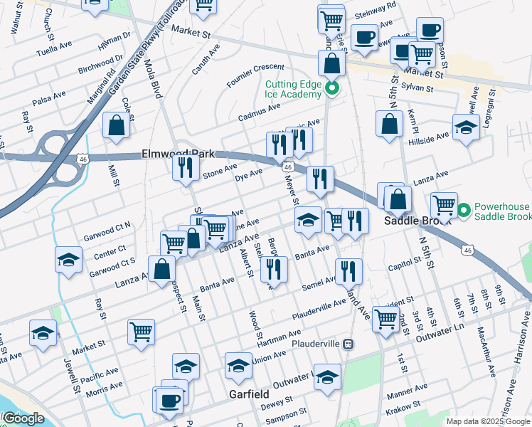 map of restaurants, bars, coffee shops, grocery stores, and more near 439 Lanza Avenue in Garfield