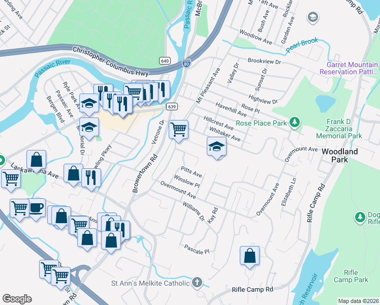 map of restaurants, bars, coffee shops, grocery stores, and more near 61 Virbickas Drive in Woodland Park