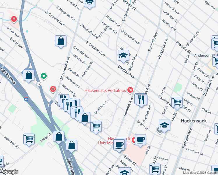 map of restaurants, bars, coffee shops, grocery stores, and more near 105 Tracy Place in Hackensack