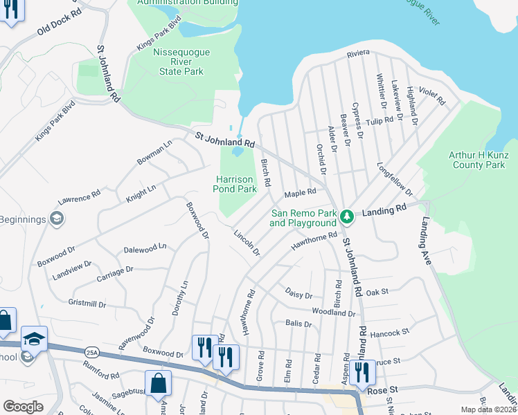map of restaurants, bars, coffee shops, grocery stores, and more near 30 Maple Road in Kings Park