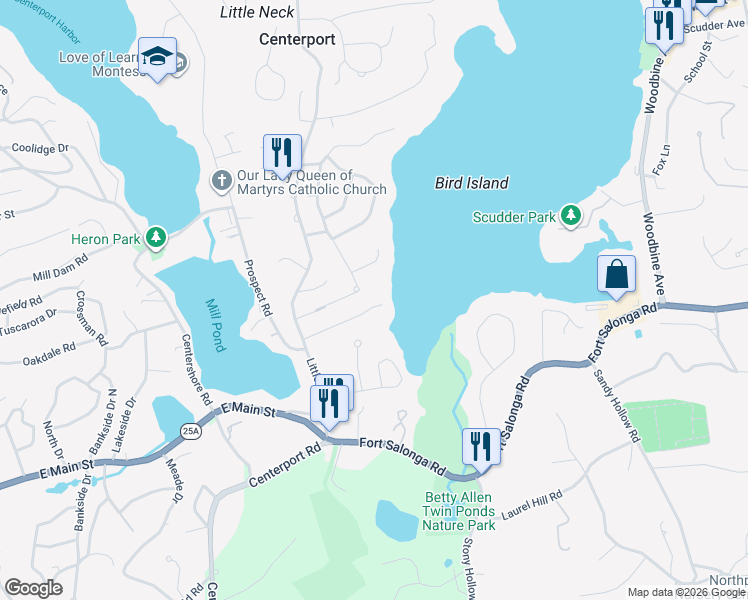 map of restaurants, bars, coffee shops, grocery stores, and more near 29 Harbor Heights Drive in Centerport