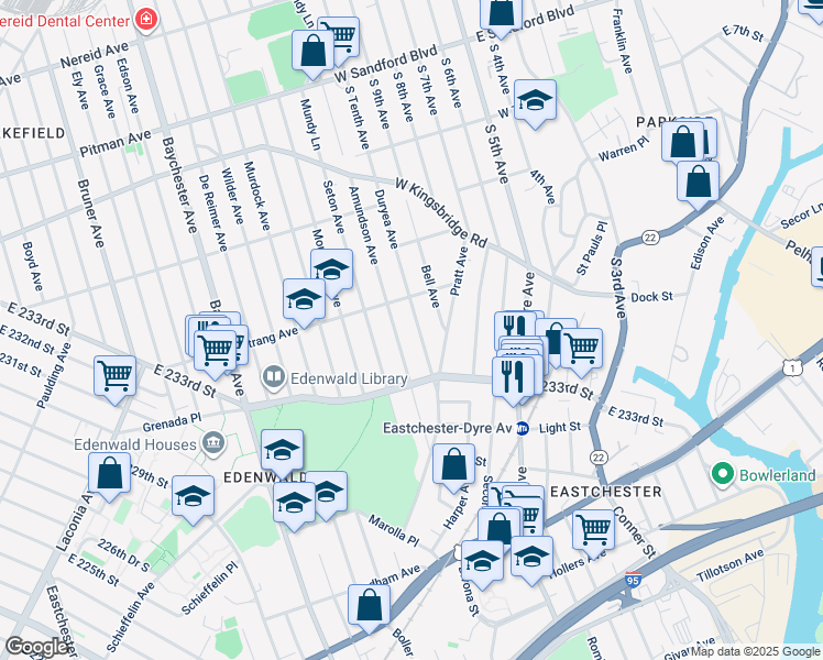 map of restaurants, bars, coffee shops, grocery stores, and more near 3929 Amundson Avenue in Bronx