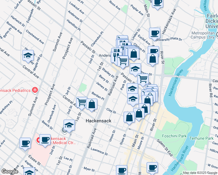 map of restaurants, bars, coffee shops, grocery stores, and more near 170 Berry Street in Hackensack