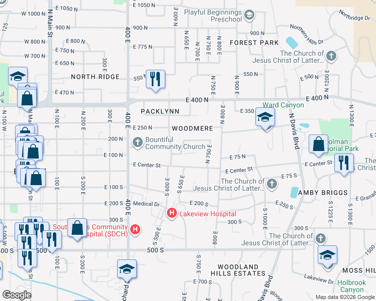 map of restaurants, bars, coffee shops, grocery stores, and more near 683 East 100 North in Bountiful