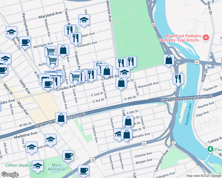 map of restaurants, bars, coffee shops, grocery stores, and more near 186 East 1st Street in Clifton