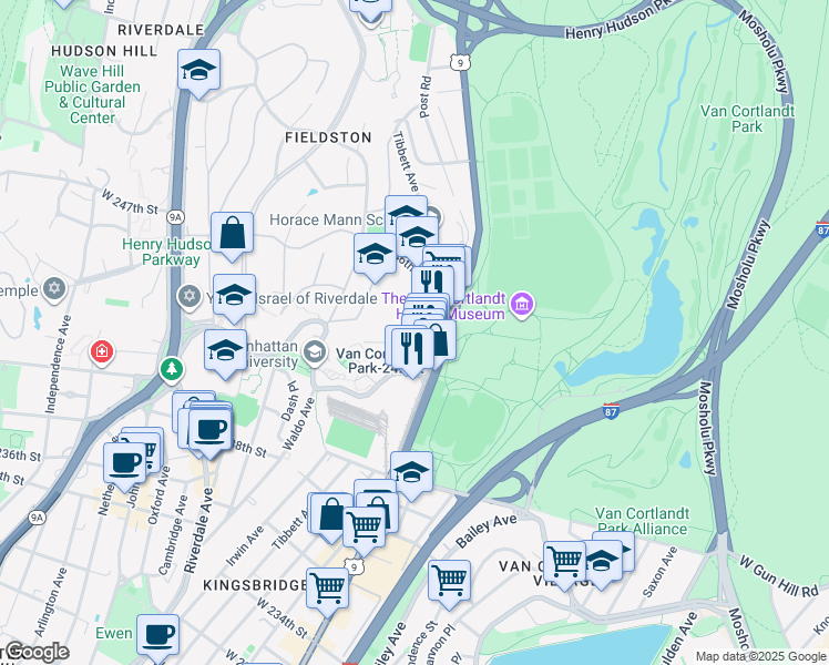 map of restaurants, bars, coffee shops, grocery stores, and more near 4381 Post Road in Bronx