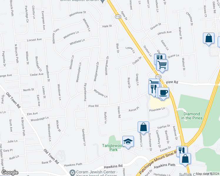 map of restaurants, bars, coffee shops, grocery stores, and more near 16 Colby Drive in Coram