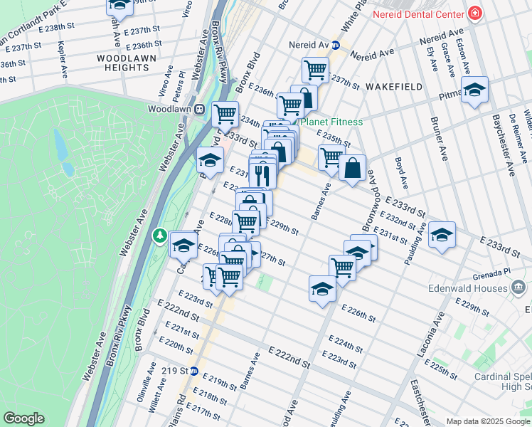 map of restaurants, bars, coffee shops, grocery stores, and more near in The Bronx