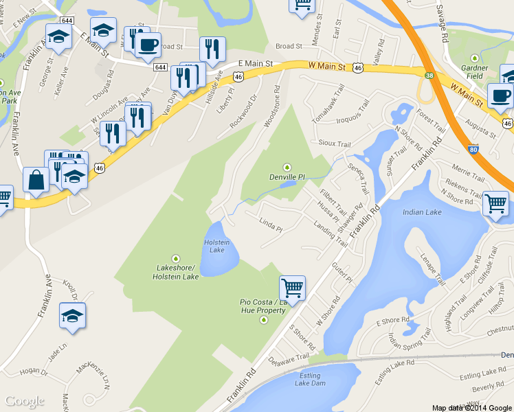 map of restaurants, bars, coffee shops, grocery stores, and more near 72 Landing Trail in Denville