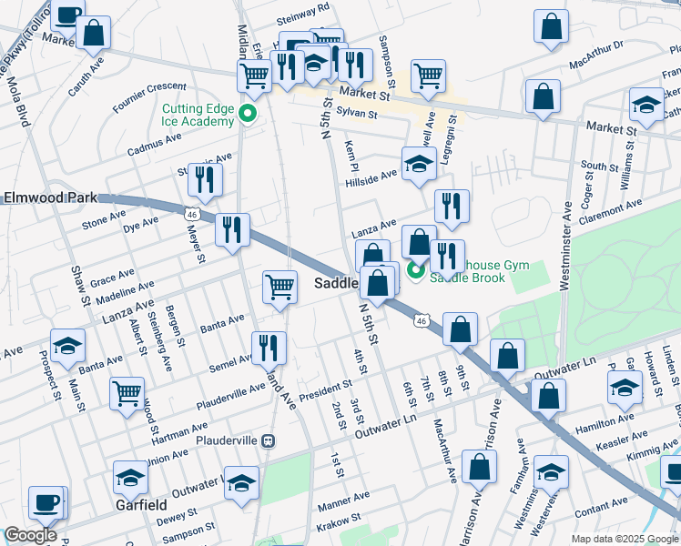 map of restaurants, bars, coffee shops, grocery stores, and more near 101 Route 46 in Saddle Brook