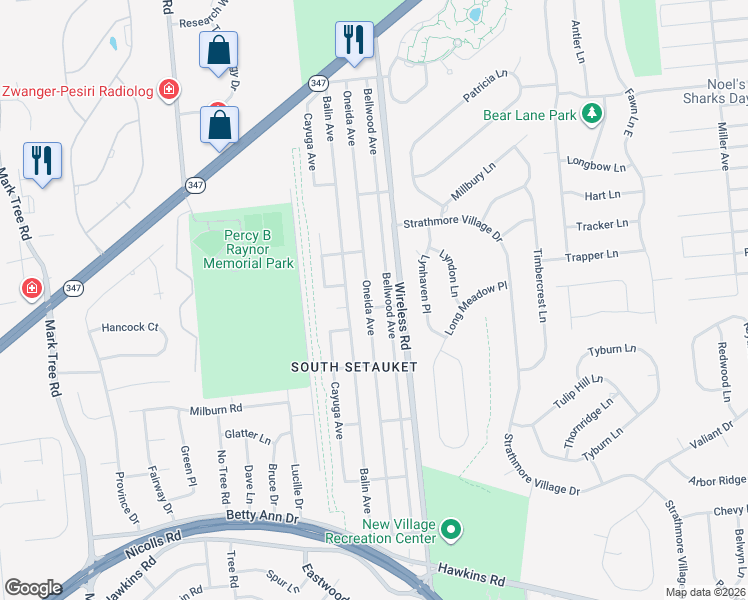 map of restaurants, bars, coffee shops, grocery stores, and more near 54 Bellwood Avenue in Centereach