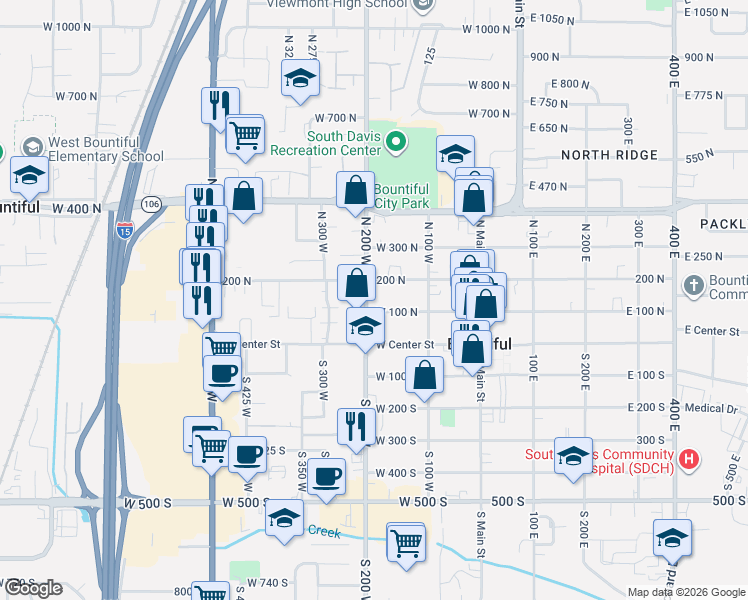 map of restaurants, bars, coffee shops, grocery stores, and more near 172 West 200 North in Bountiful