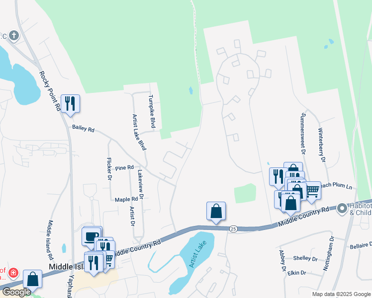map of restaurants, bars, coffee shops, grocery stores, and more near 118 Bailey Court in Middle Island