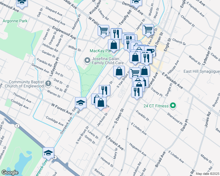 map of restaurants, bars, coffee shops, grocery stores, and more near 124 Humphrey Street in Englewood