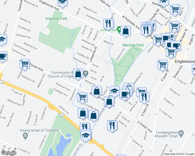 map of restaurants, bars, coffee shops, grocery stores, and more near 206 2nd Street in Englewood