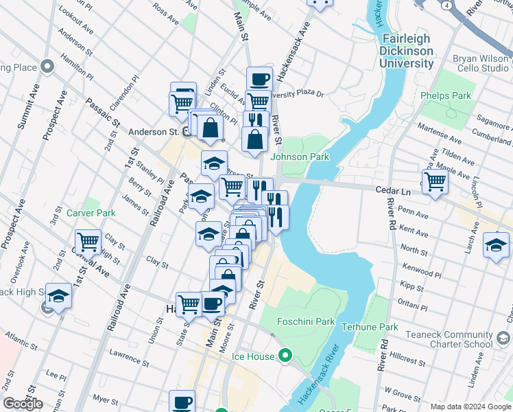 map of restaurants, bars, coffee shops, grocery stores, and more near 409 Main Street in Hackensack