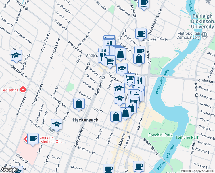 map of restaurants, bars, coffee shops, grocery stores, and more near 390 Railroad Avenue in Hackensack