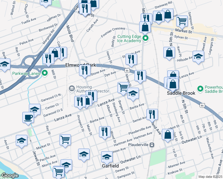 map of restaurants, bars, coffee shops, grocery stores, and more near 428 Van Bussum Avenue in Garfield