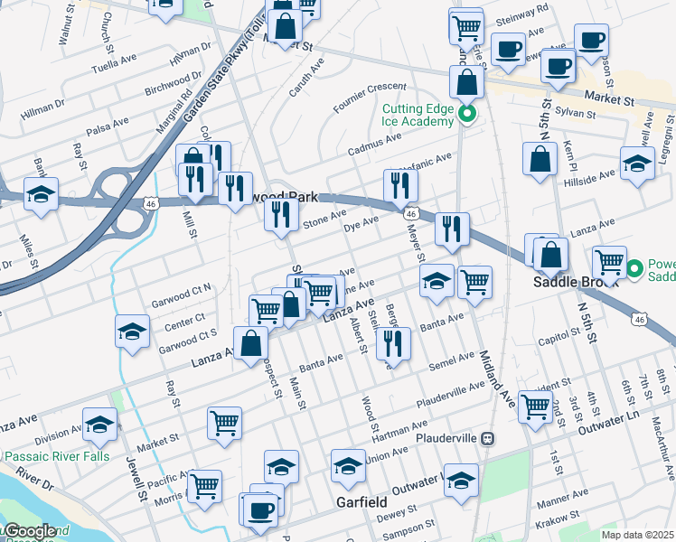 map of restaurants, bars, coffee shops, grocery stores, and more near 401 Van Bussum Avenue in Garfield