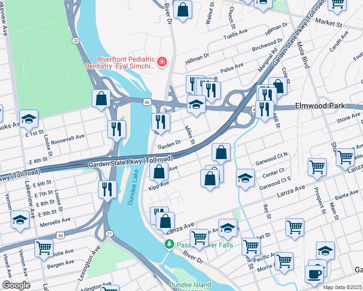 map of restaurants, bars, coffee shops, grocery stores, and more near 24 Gantner Avenue in Elmwood Park