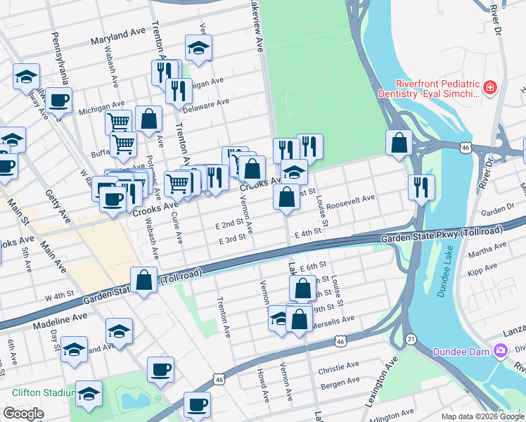 map of restaurants, bars, coffee shops, grocery stores, and more near 186 East 1st Street in Clifton