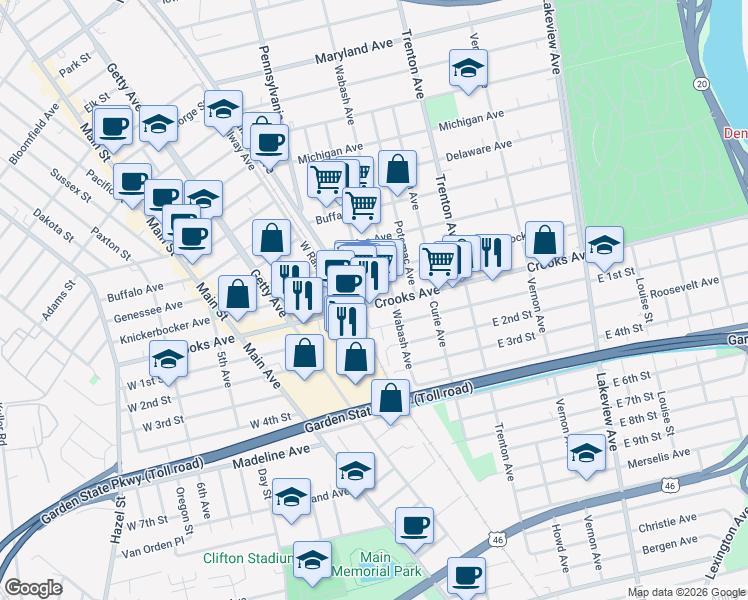 map of restaurants, bars, coffee shops, grocery stores, and more near 274 Knickerbocker Avenue in Paterson