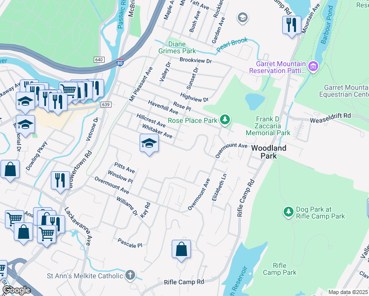 map of restaurants, bars, coffee shops, grocery stores, and more near 157 Meriline Avenue in Woodland Park