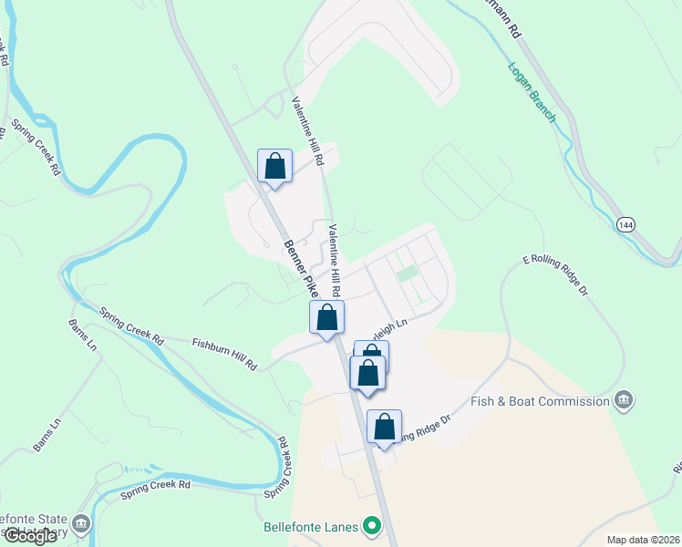map of restaurants, bars, coffee shops, grocery stores, and more near 603 Valentine Hill Road in Bellefonte