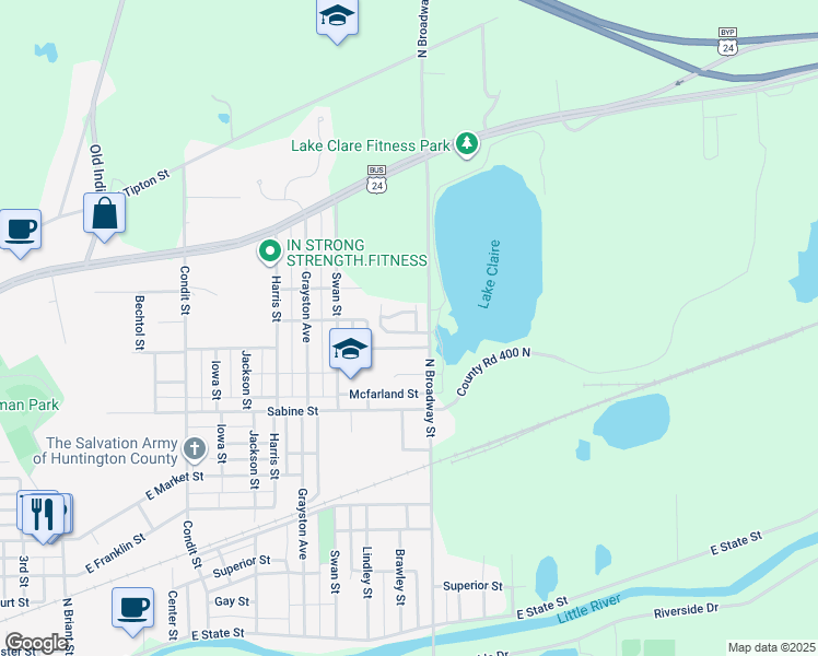 map of restaurants, bars, coffee shops, grocery stores, and more near 1108 North Broadway Street in Huntington