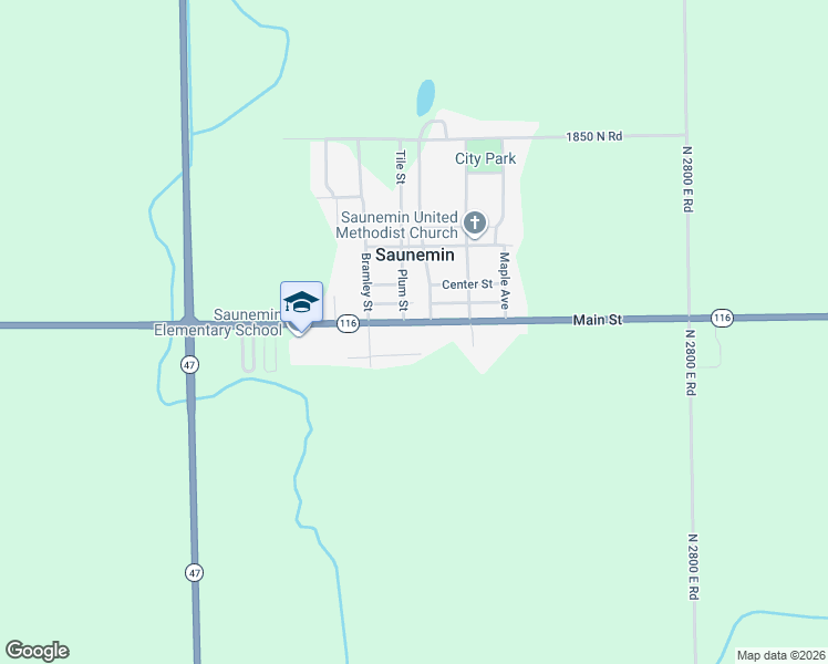 map of restaurants, bars, coffee shops, grocery stores, and more near 56 Main Street in Saunemin