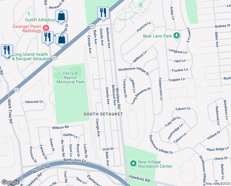 map of restaurants, bars, coffee shops, grocery stores, and more near 49 Bellwood Avenue in Centereach