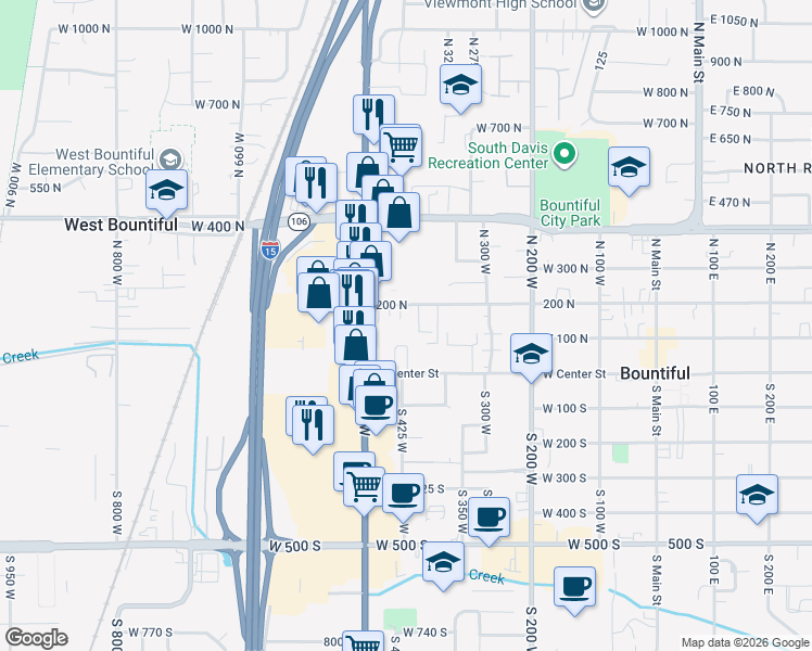 map of restaurants, bars, coffee shops, grocery stores, and more near 449 West 200 North in Bountiful