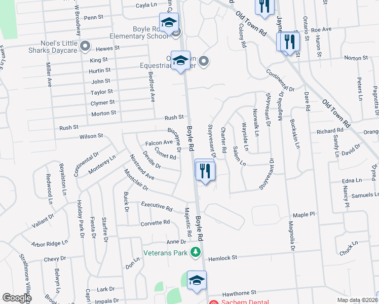 map of restaurants, bars, coffee shops, grocery stores, and more near 411 Boyle Road in Selden