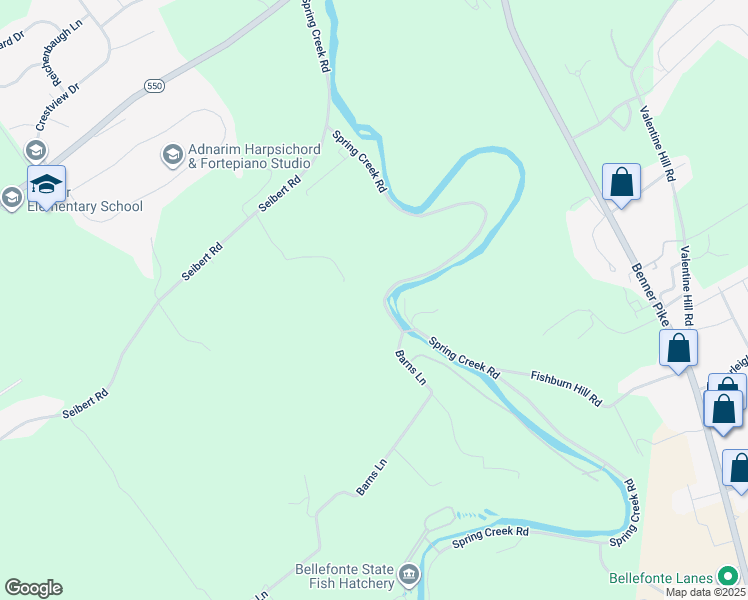 map of restaurants, bars, coffee shops, grocery stores, and more near 499 Spring Creek Road in Bellefonte